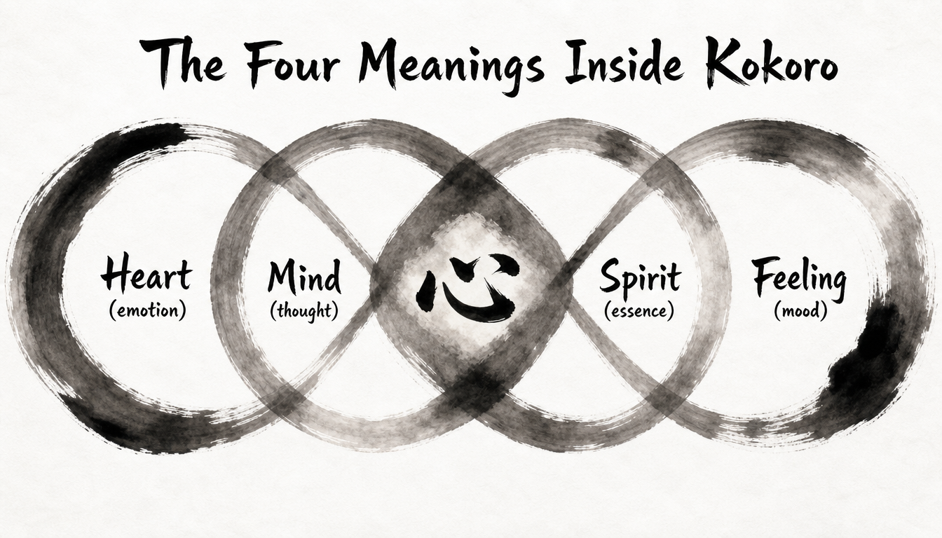 Diagram of the four overlapping meanings of kanji kokoro showing heart kanji and kokoro meaning layers