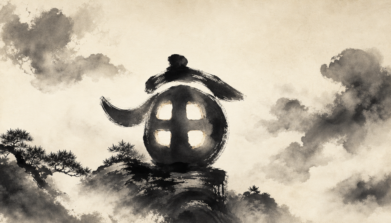 Kanji kokoro imagined as a four-windowed lantern illustrating the layered kokoro meaning