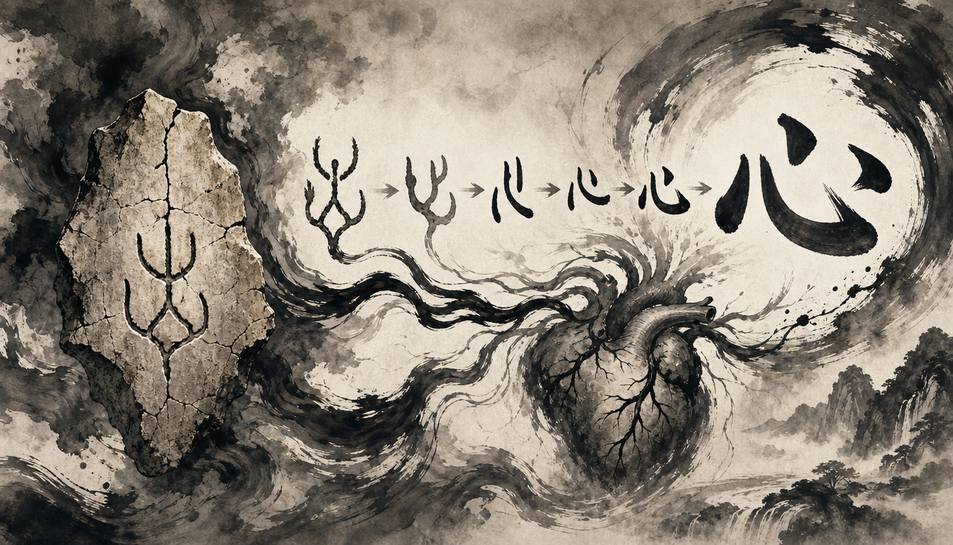 Oracle bone origin of the heart kanji showing the pictographic root of kanji kokoro
