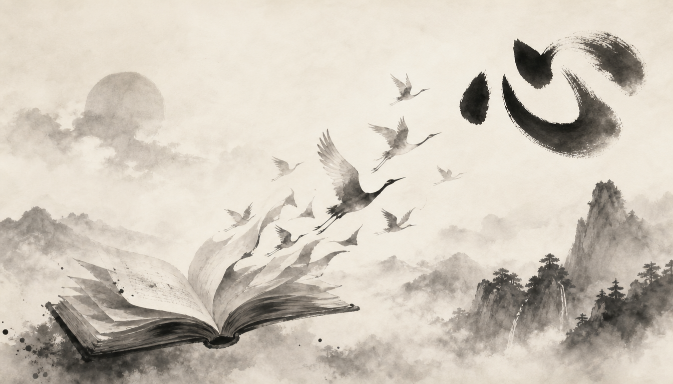 Open book transforming into cranes and the kanji kokoro symbolizing Soseki's novel and the heart kanji
