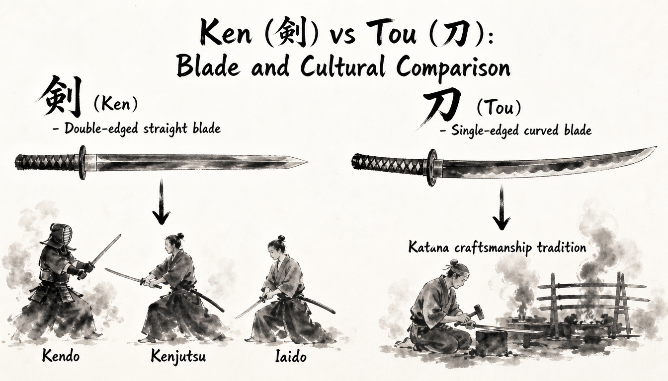 Diagram comparing sword kanji meaning between 剣 (ken) double-edged sword and 刀 (tou) single-edged katana