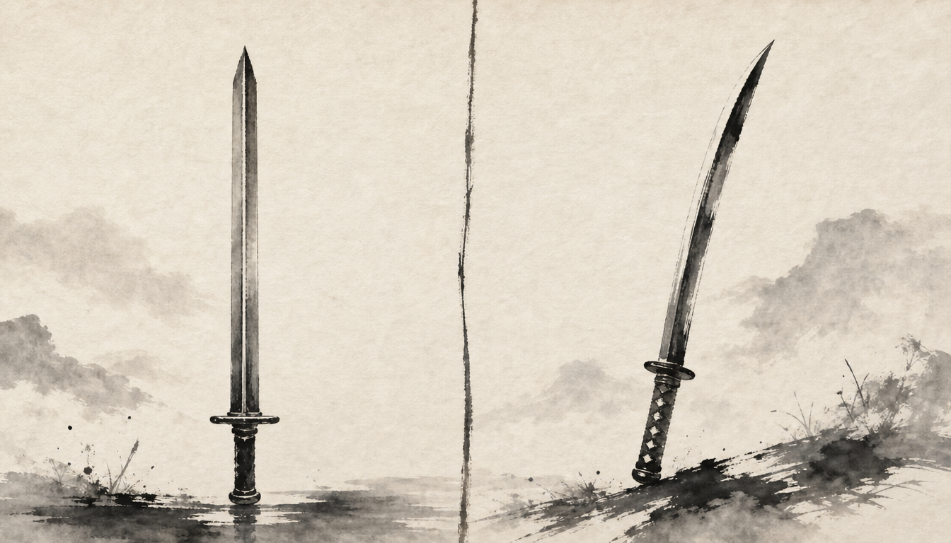 Sword kanji meaning comparison showing straight double-edged ken versus curved single-edged katana in sumi-e style