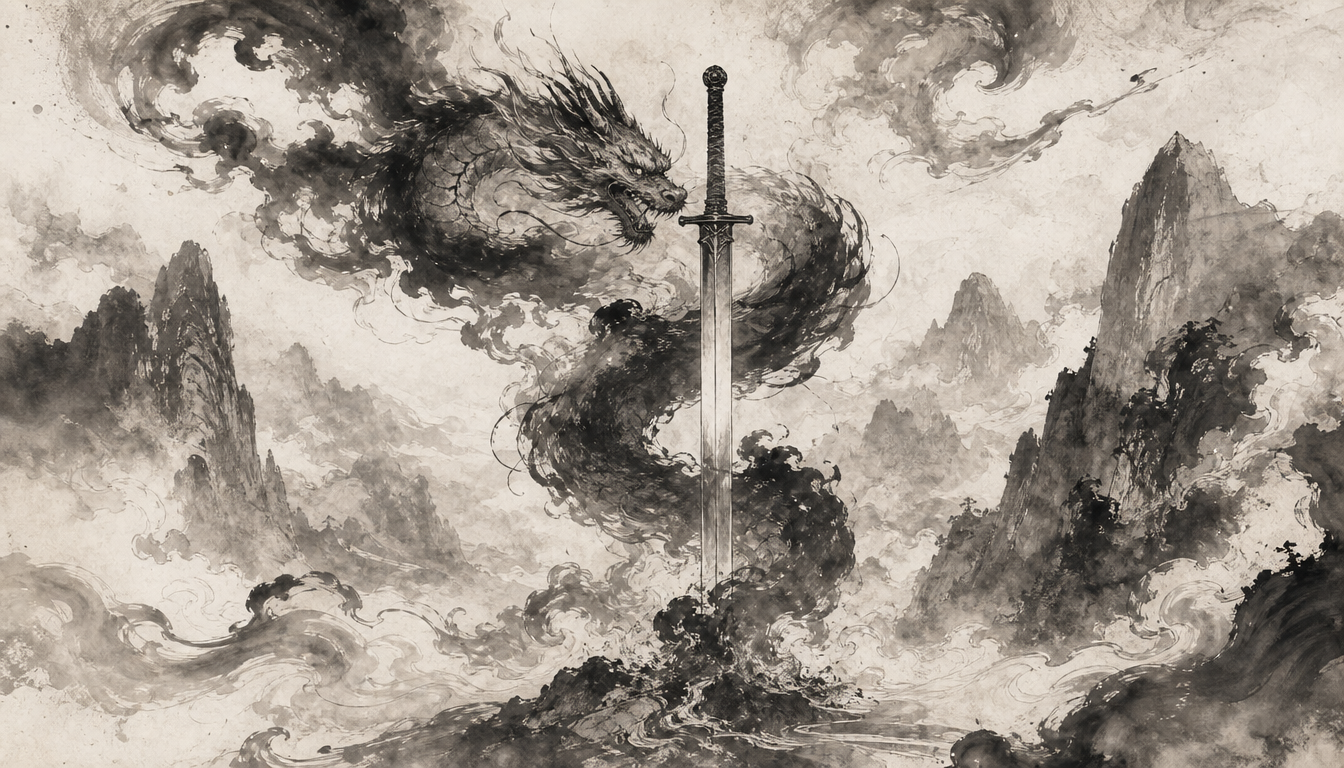 Sword kanji meaning rooted in legend, depicted through a sumi-e dragon and sacred tsurugi blade illustration