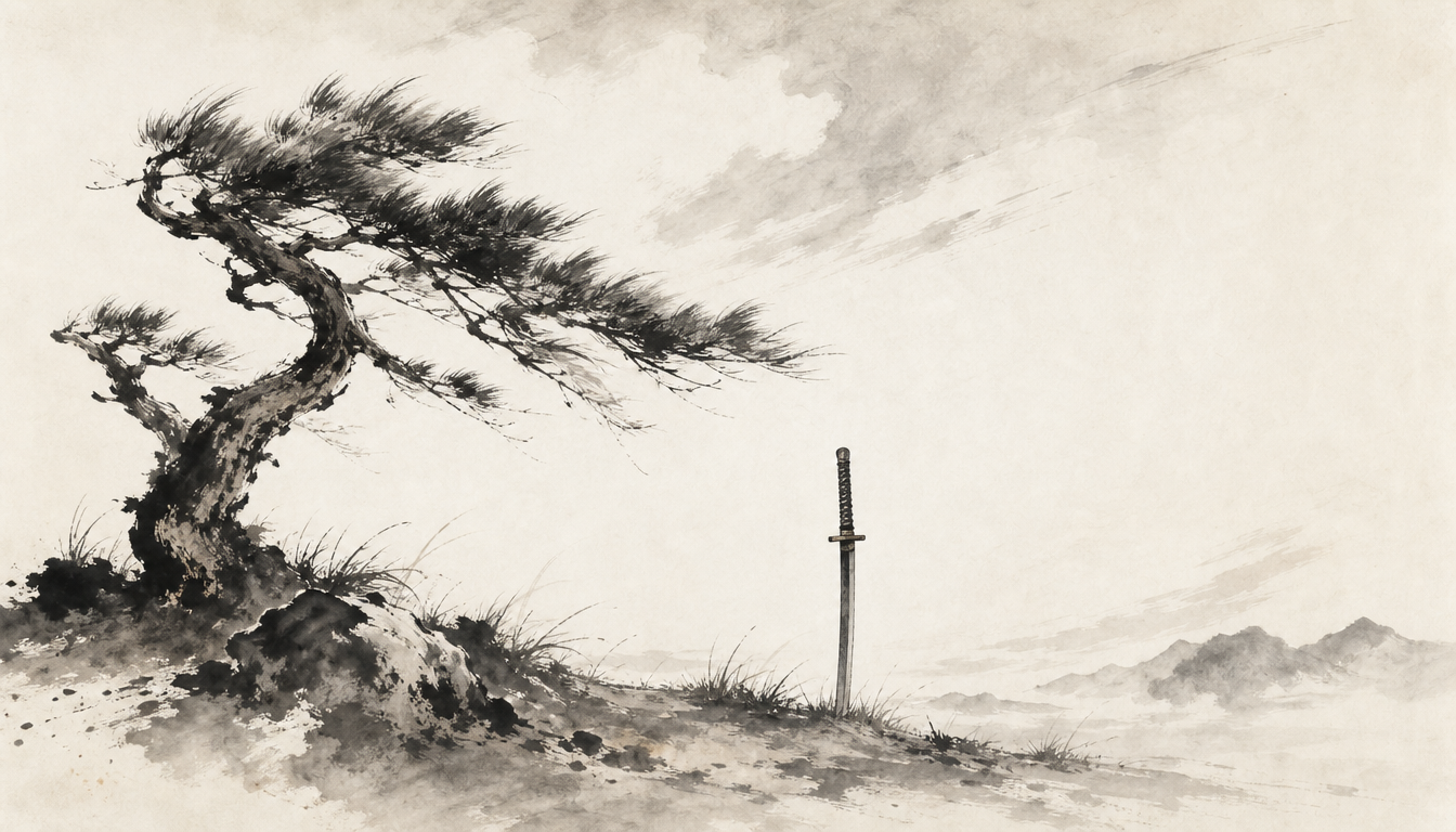 Sword kanji meaning as a symbol of discipline shown through sumi-e pine tree and upright blade illustration