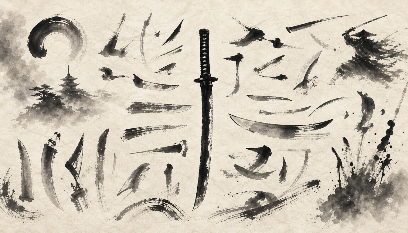 Sword kanji meaning expressed through compound words illustrated in dense sumi-e calligraphy style