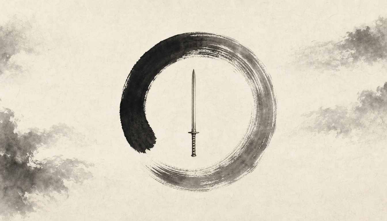 Sword kanji meaning tied to self-discovery, shown as a sumi-e ensō circle enclosing a tsurugi blade