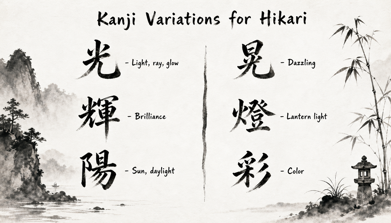 Comparison chart of kanji variations for the name Hikari meaning light