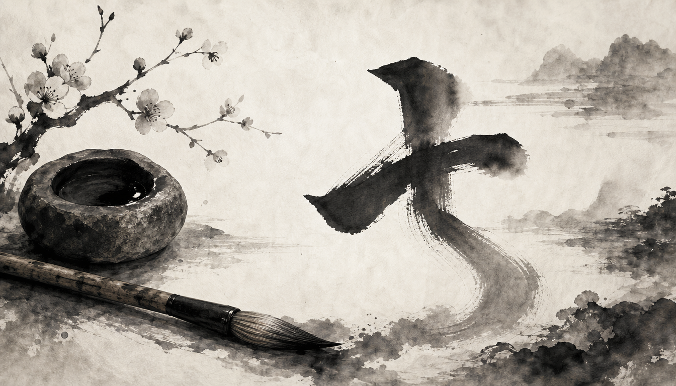 Calligraphy brush and ink representing Hikari kanji variations