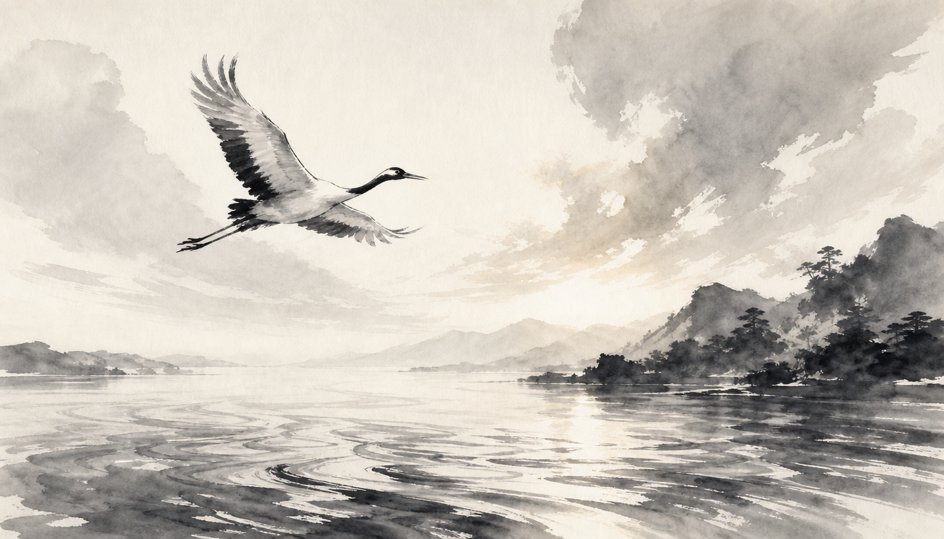 Crane and sunlight illustrating Hikari name meaning of light and radiance