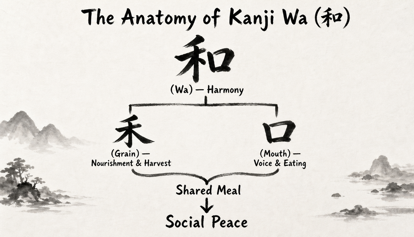 Hierarchy diagram showing the composition of kanji wa 和 from grain and mouth radicals