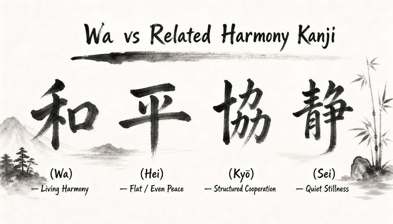 Comparison chart of kanji wa and related harmony kanji in Japanese