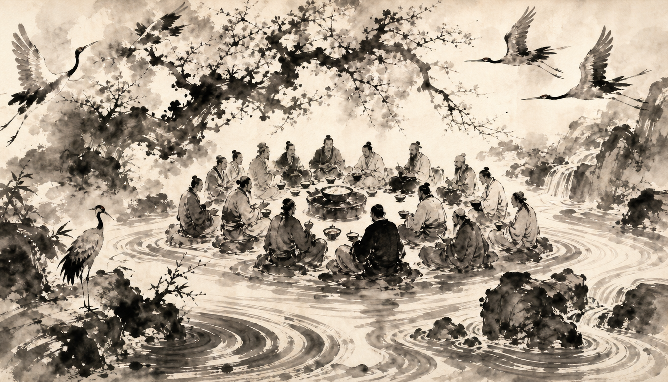 Sumi-e gathering scene illustrating the kanji wa concept of social harmony