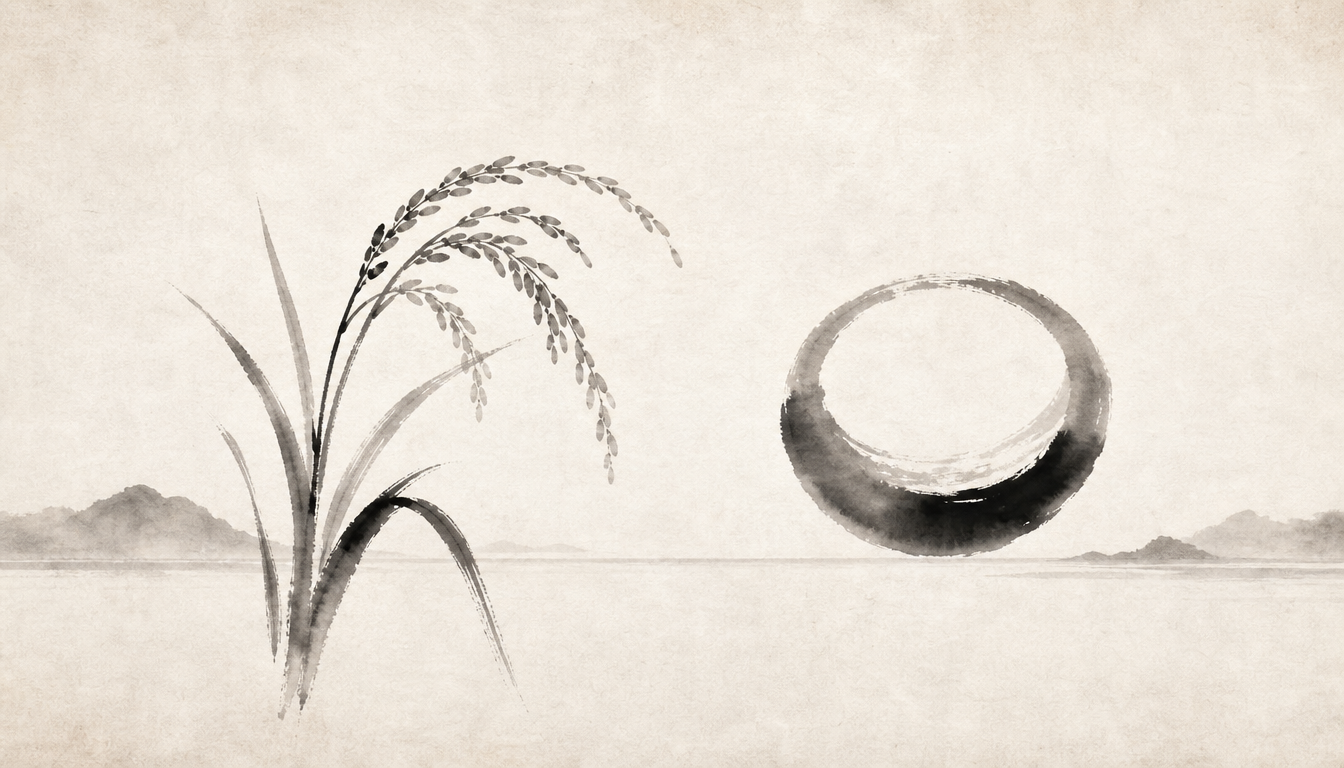 Visual breakdown of the kanji wa 和 components grain and mouth in sumi-e style