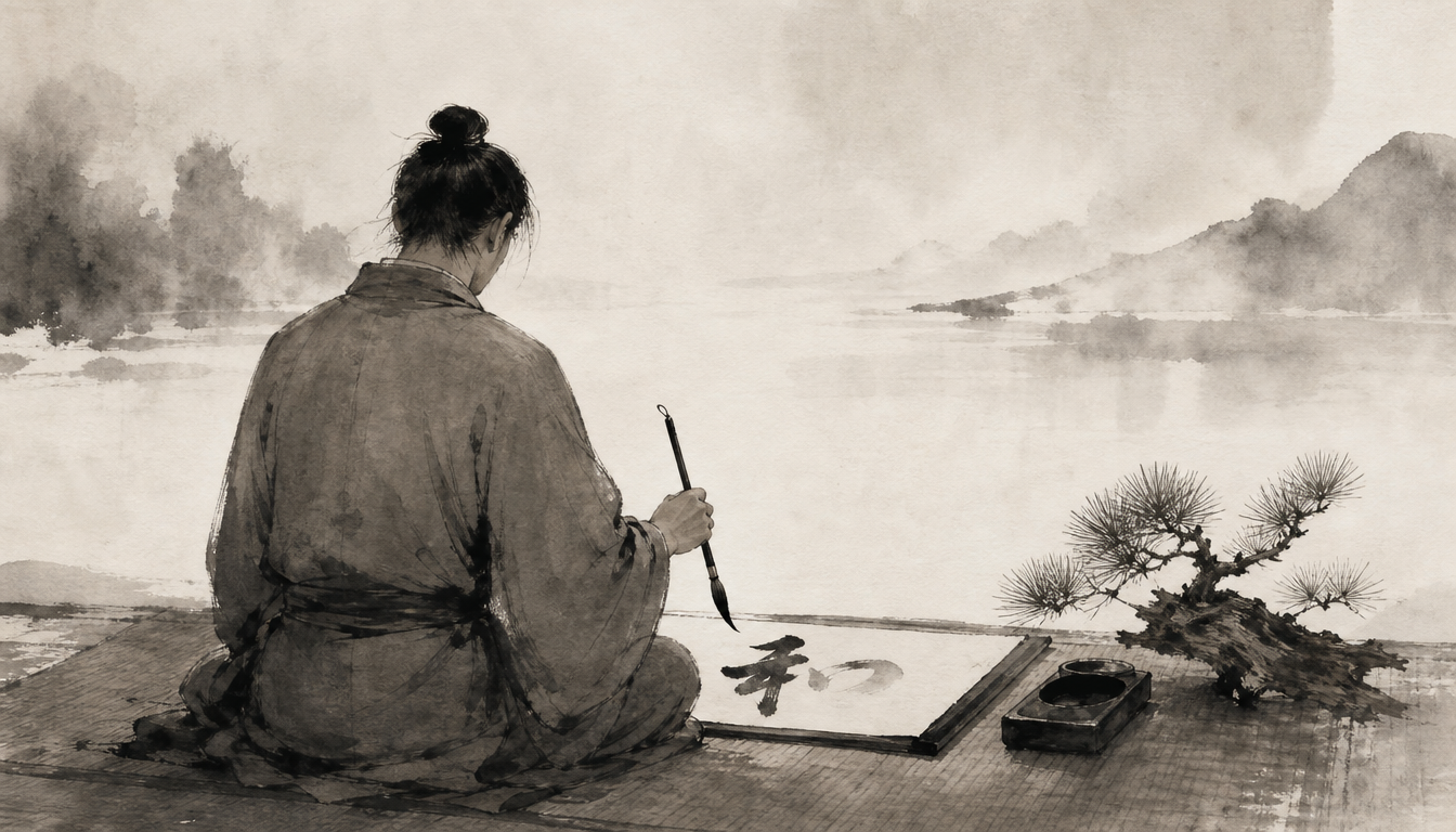 Calligrapher painting the kanji wa as a personal symbol in sumi-e style