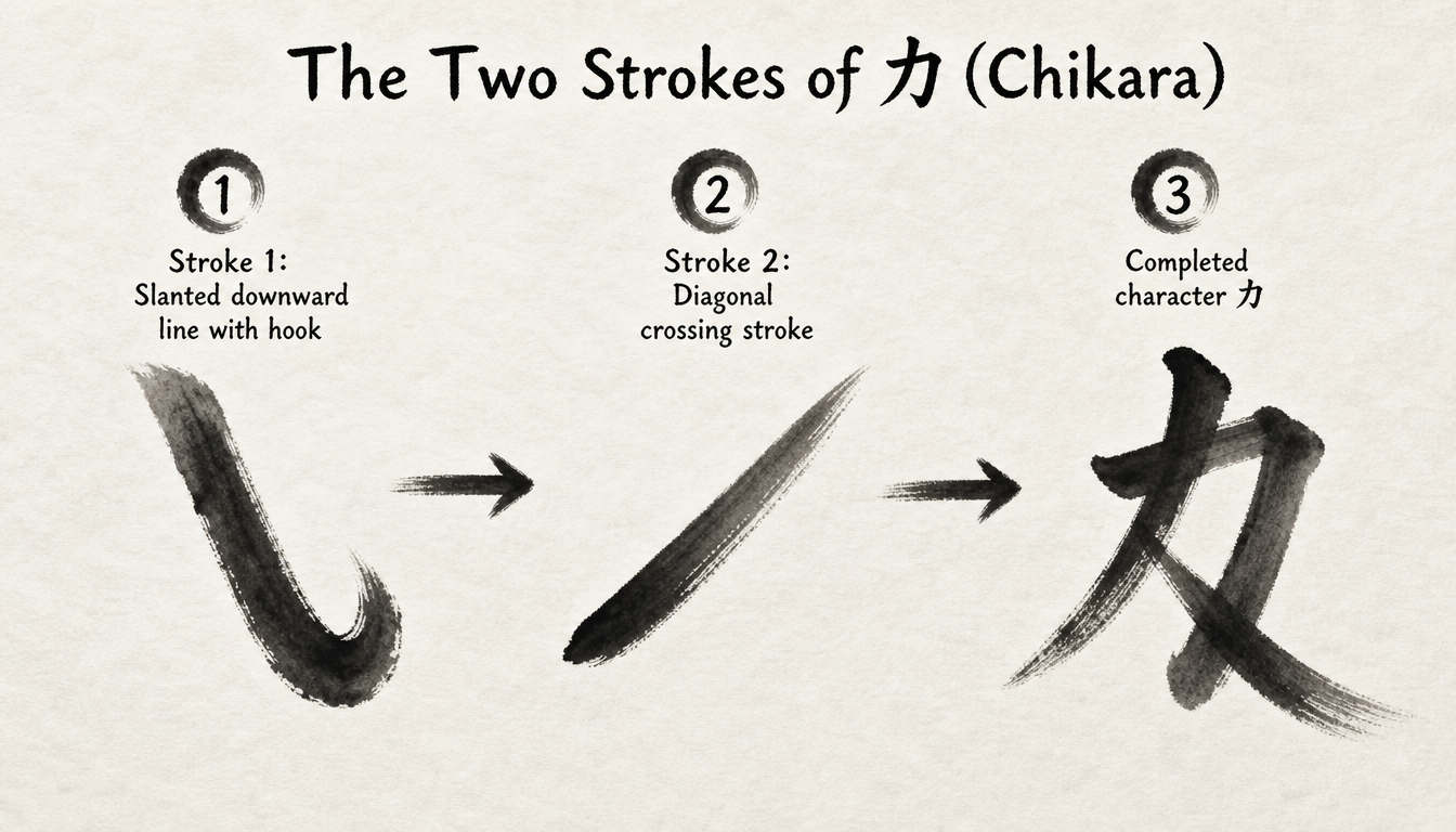 Process diagram of the two strokes of kanji chikara strength kanji power kanji