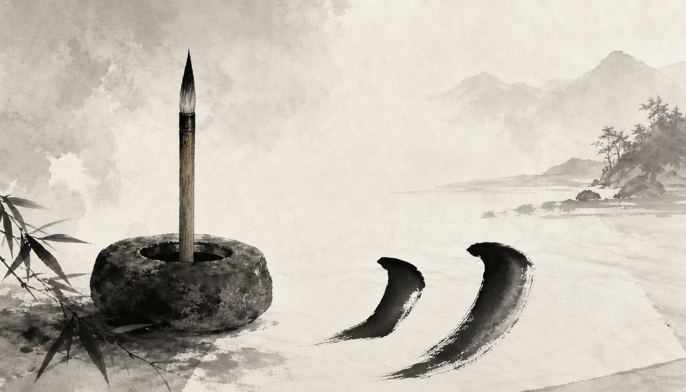 Sumi-e brush and two strokes evoking the kanji chikara strength kanji power kanji structure
