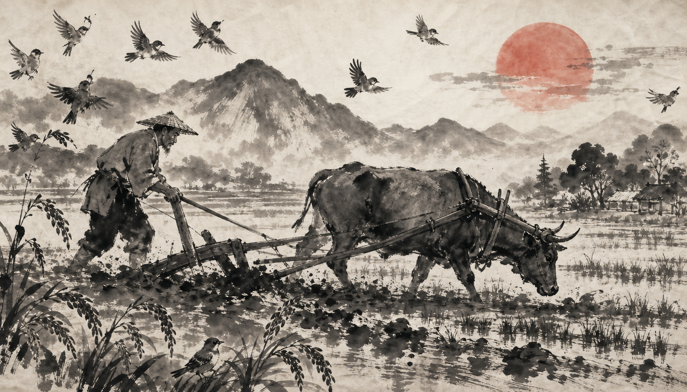 Ancient plough scene illustrating origin of kanji chikara strength kanji power kanji