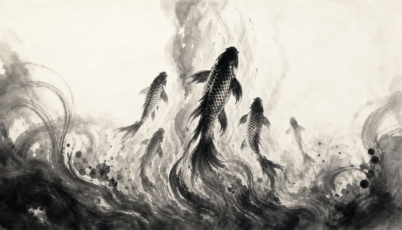 Koi family illustrating related concepts of kanji chikara strength kanji power kanji