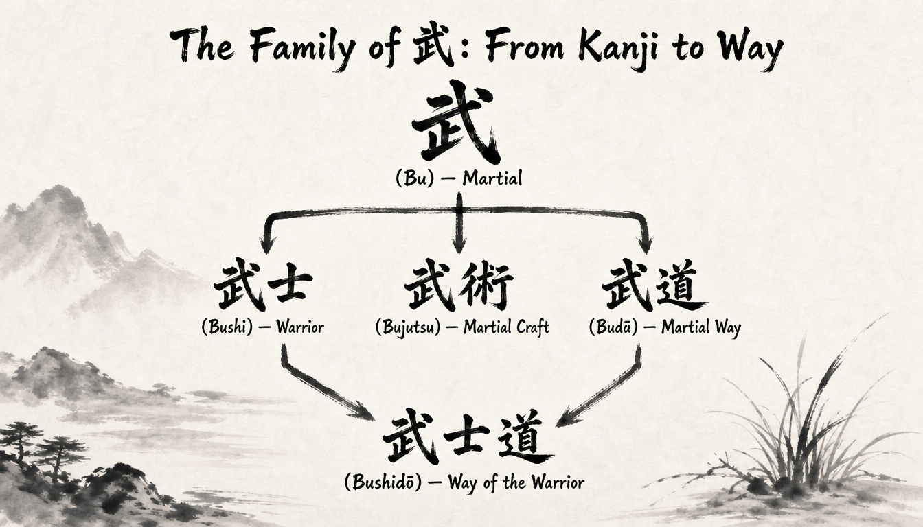 Hierarchy diagram of kanji bu showing martial kanji concepts and the Japanese warrior symbol family