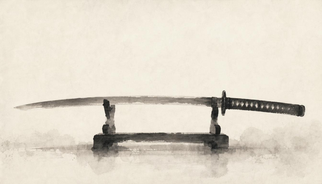 Resting katana in sumi-e style symbolizing bu meaning and martial kanji restraint