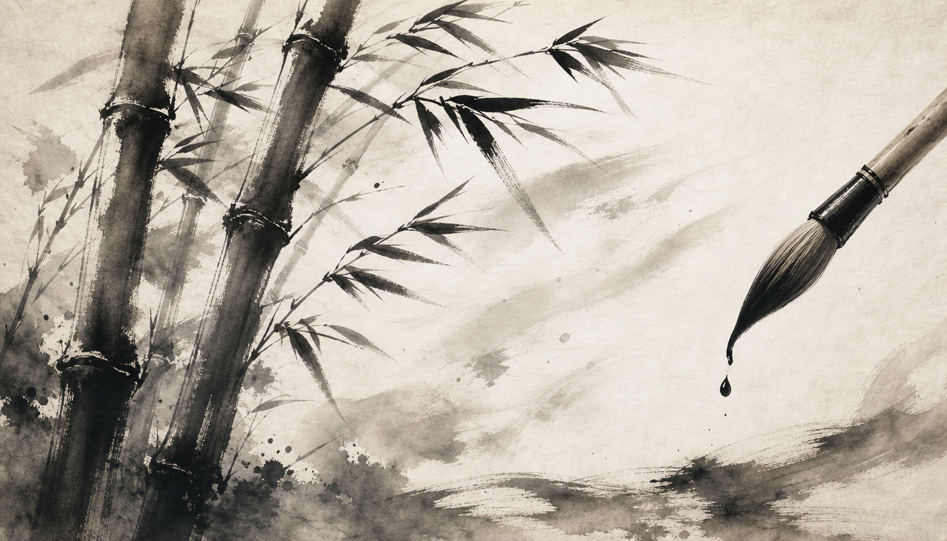Bamboo and brush in sumi-e illustrating on'yomi and kun'yomi readings of kanji bu
