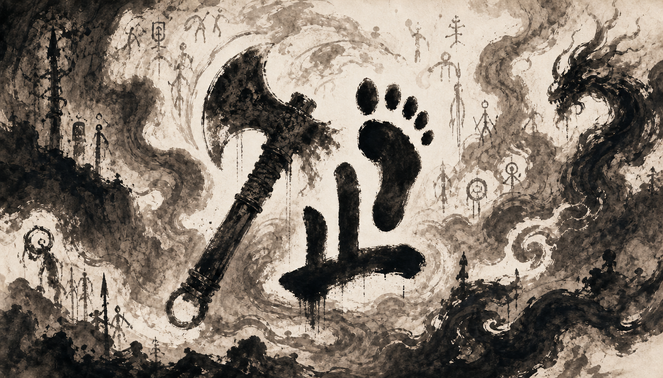 Ancient dagger-axe and footprint composing the martial kanji bu meaning in sumi-e