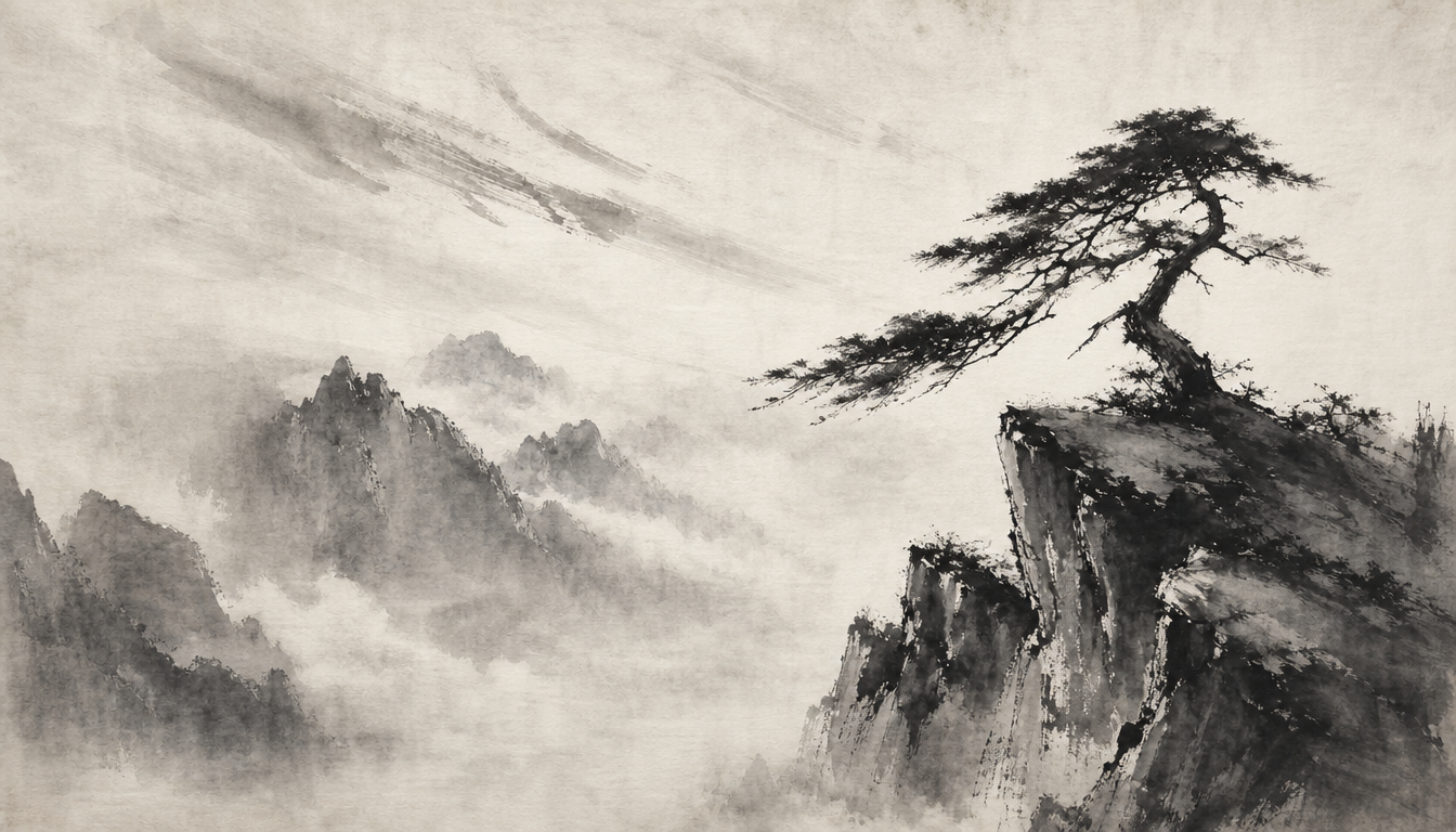 Lone pine in sumi-e evoking budō and the Japanese warrior symbol of kanji bu