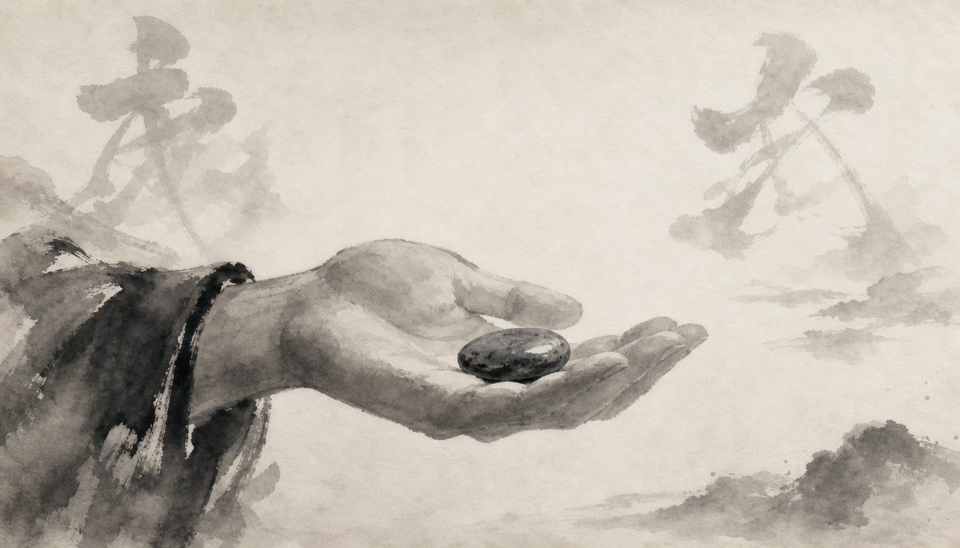 Open hand holding a stone in sumi-e symbolizing personal choice of martial kanji bu