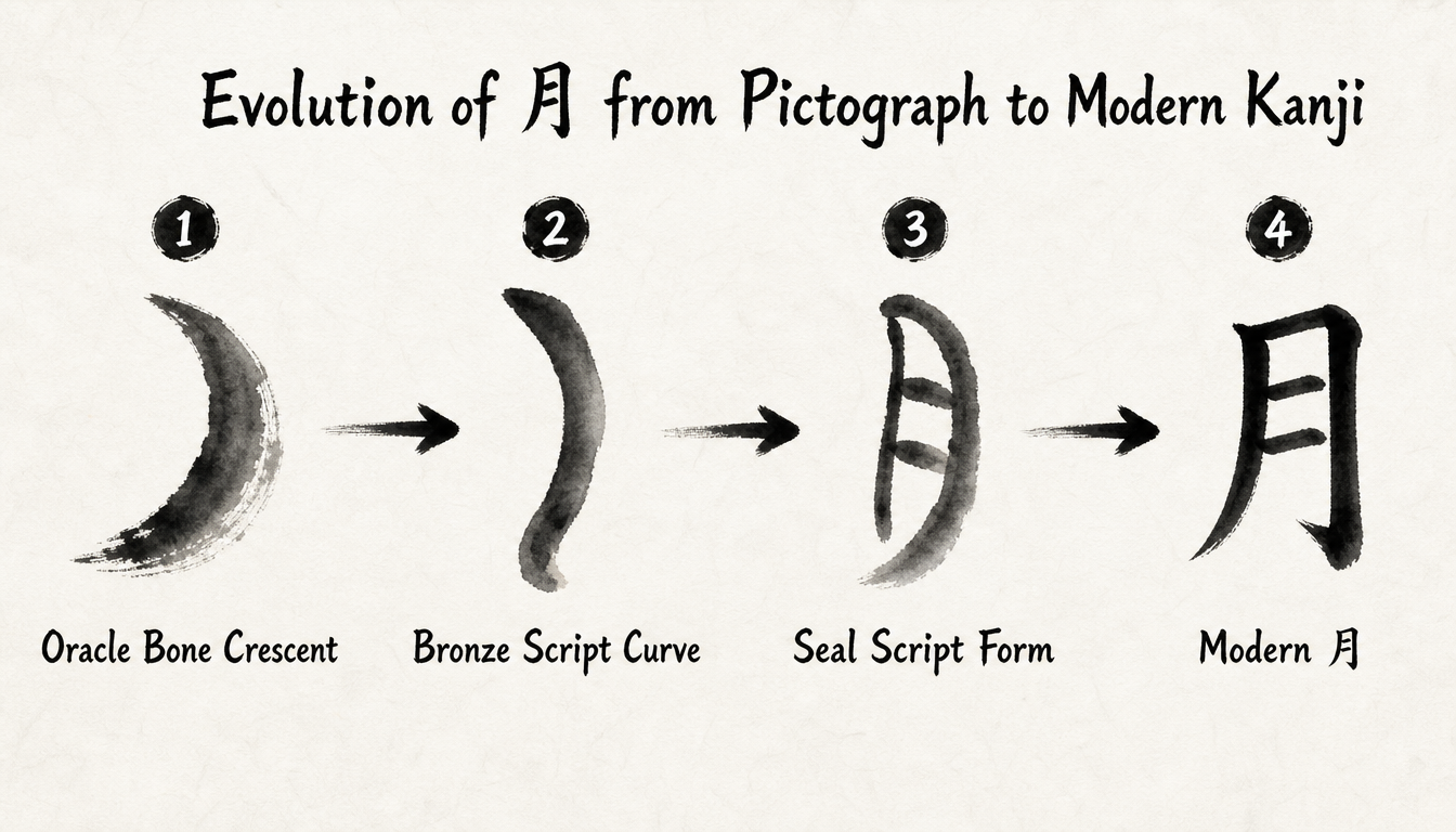 Evolution process of kanji tsuki, moon kanji, tsuki meaning from oracle bone