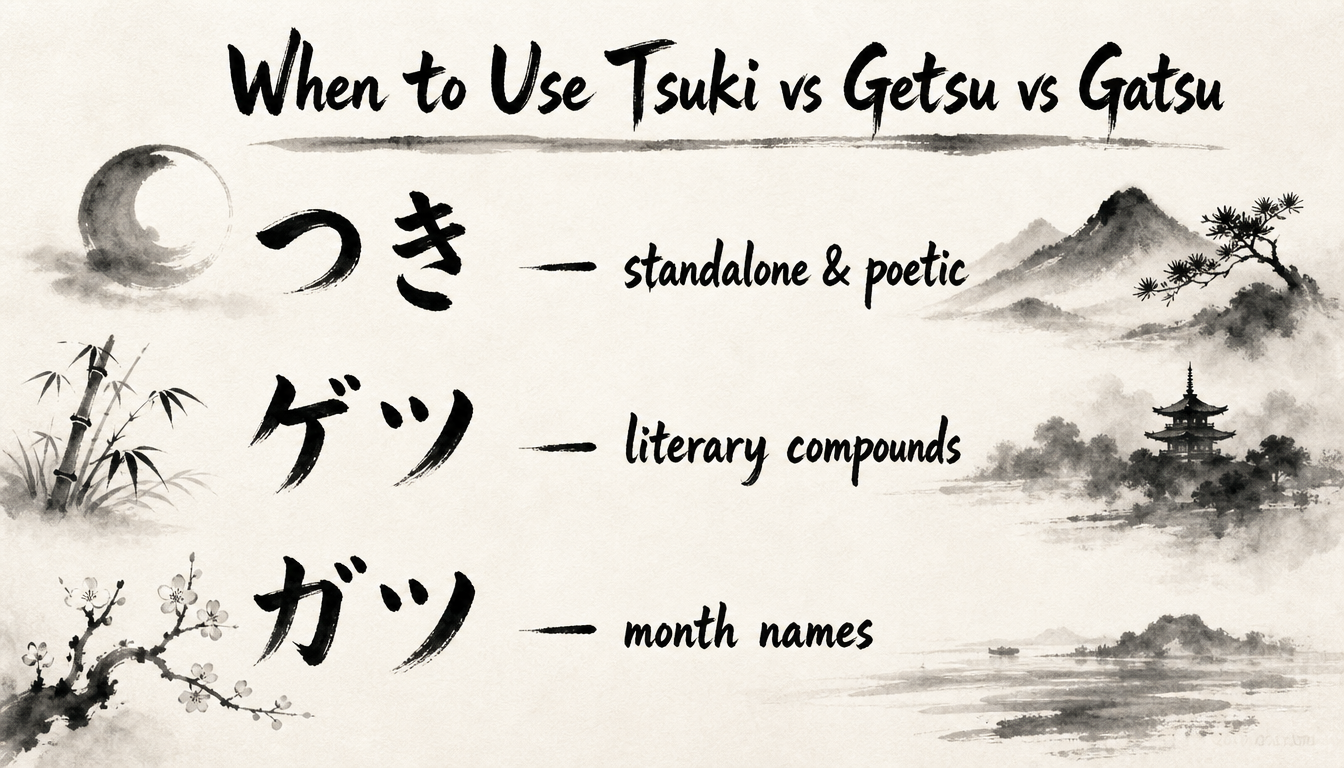 Reading comparison of kanji tsuki, moon kanji, tsuki meaning usage
