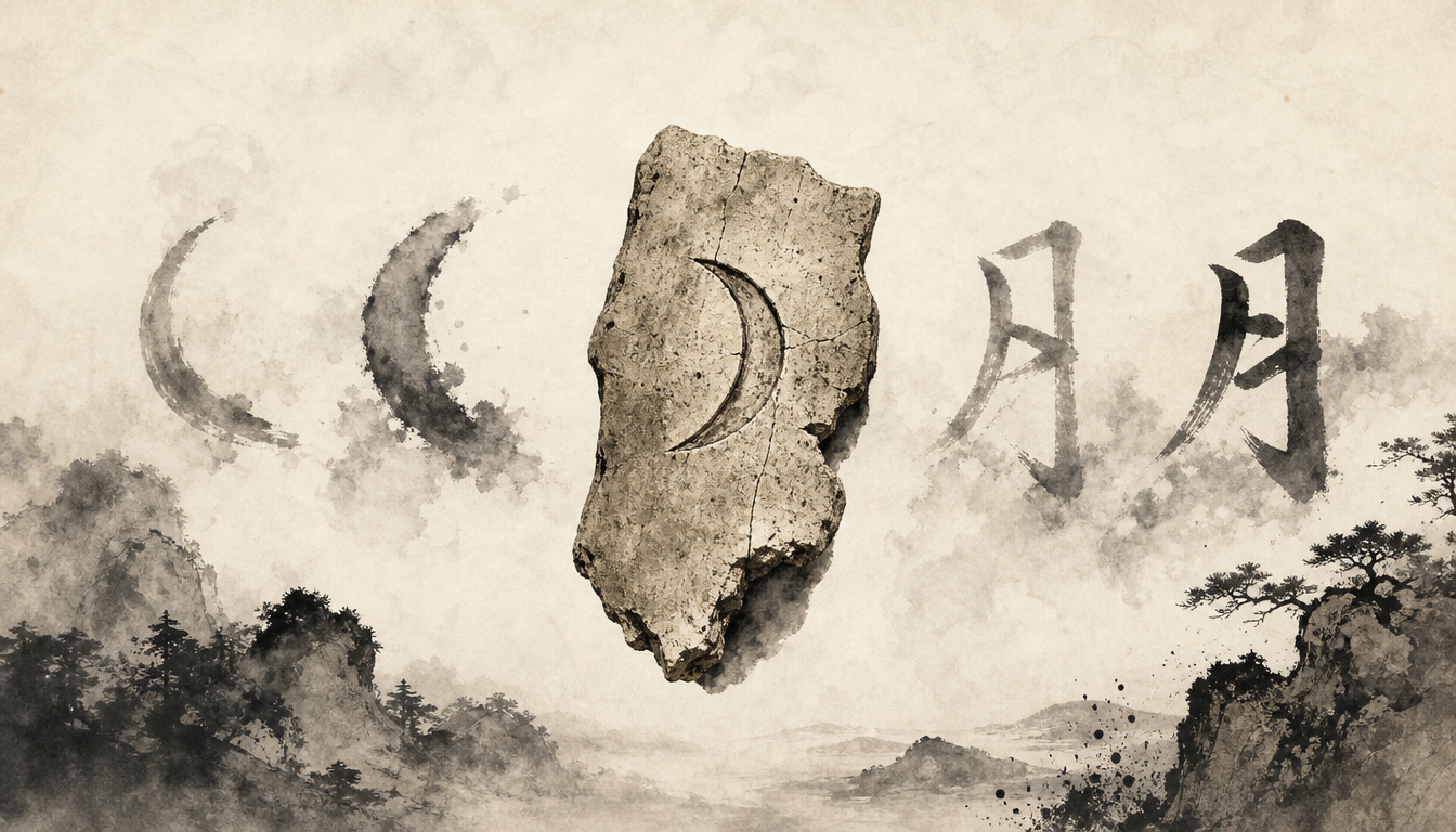 Pictographic origin of kanji tsuki, moon kanji, tsuki meaning evolution
