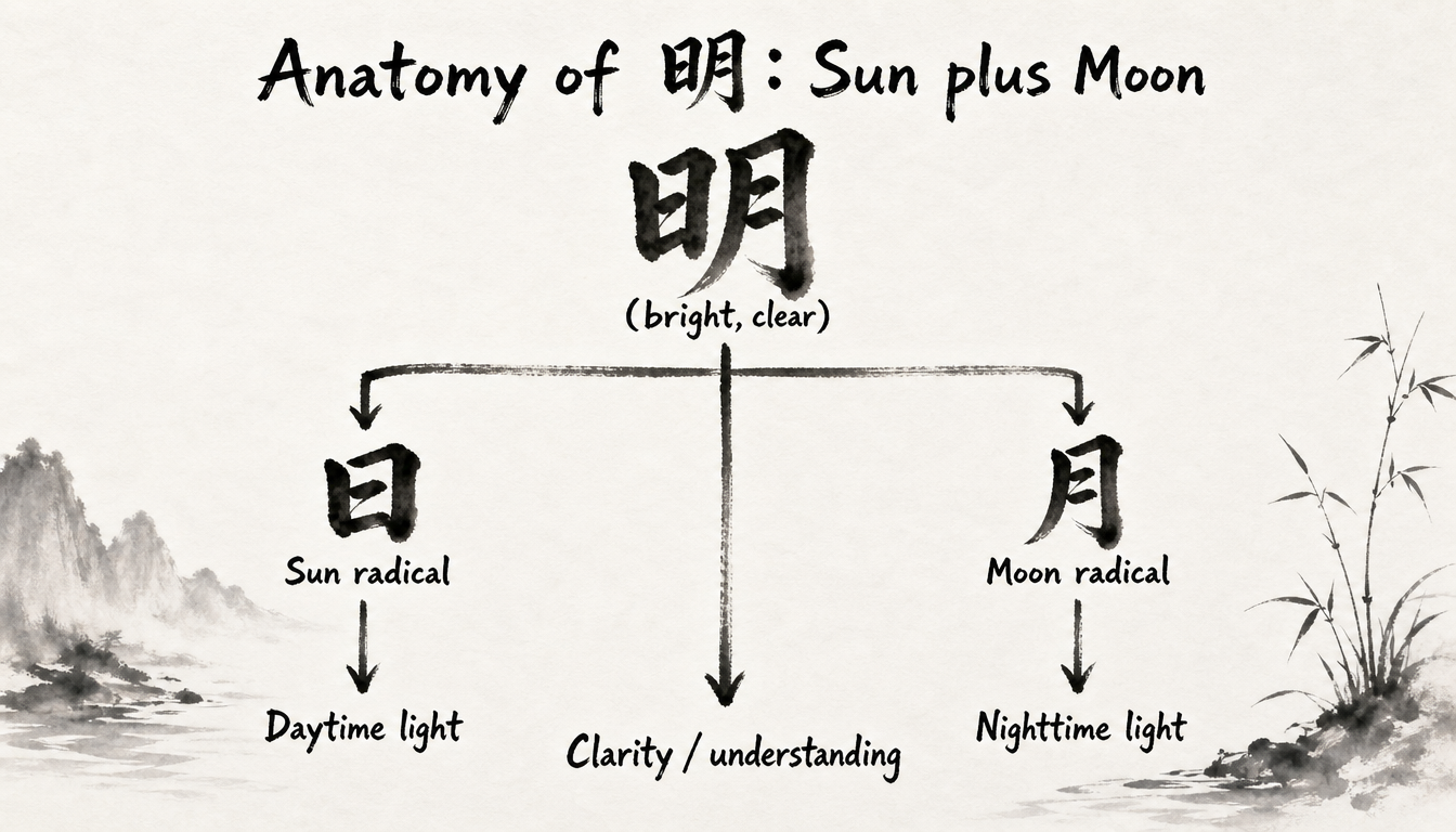 Diagram breaking the brightness kanji 明 into its sun and moon radicals