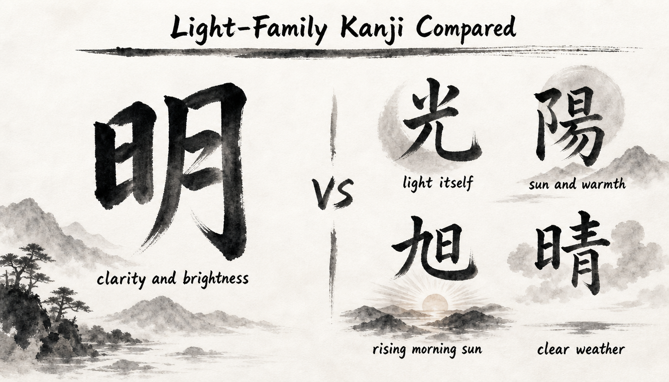 Comparison chart of the brightness kanji 明 against related light kanji