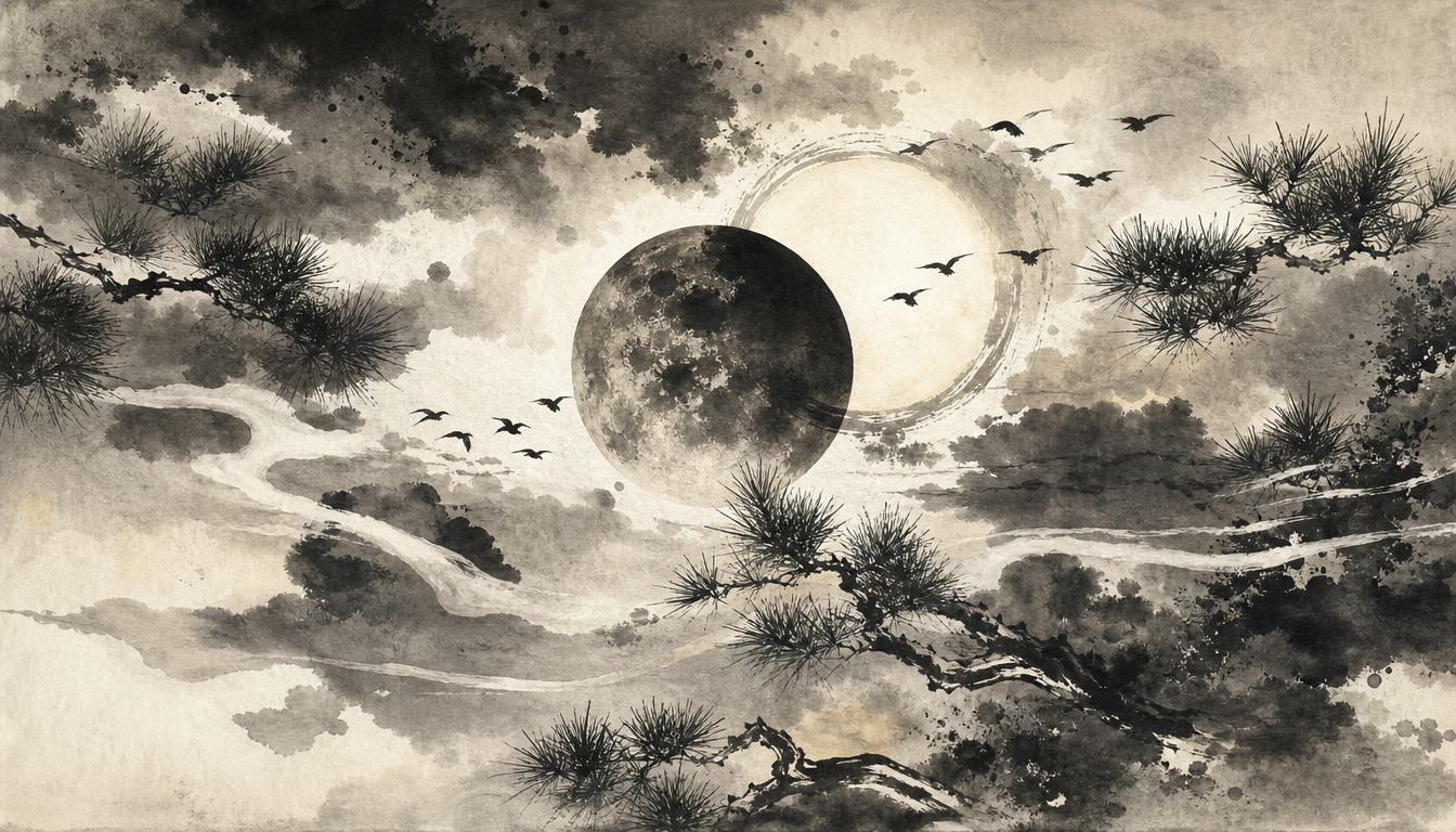 Dense ink wash of sun and moon overlapping, the two radicals of the brightness kanji