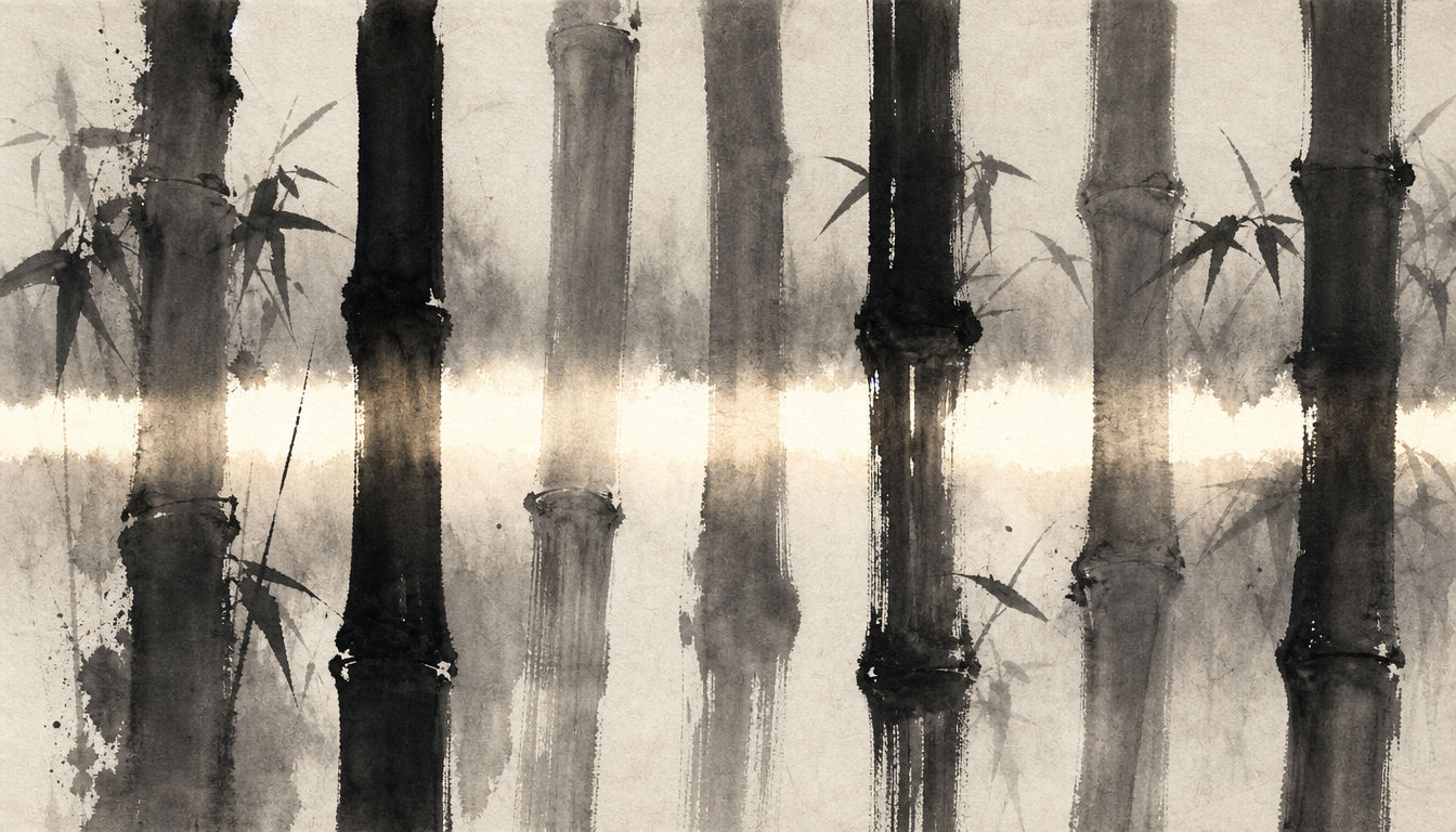 Bamboo grove ink strokes cut by light, illustrating brightness kanji compounds