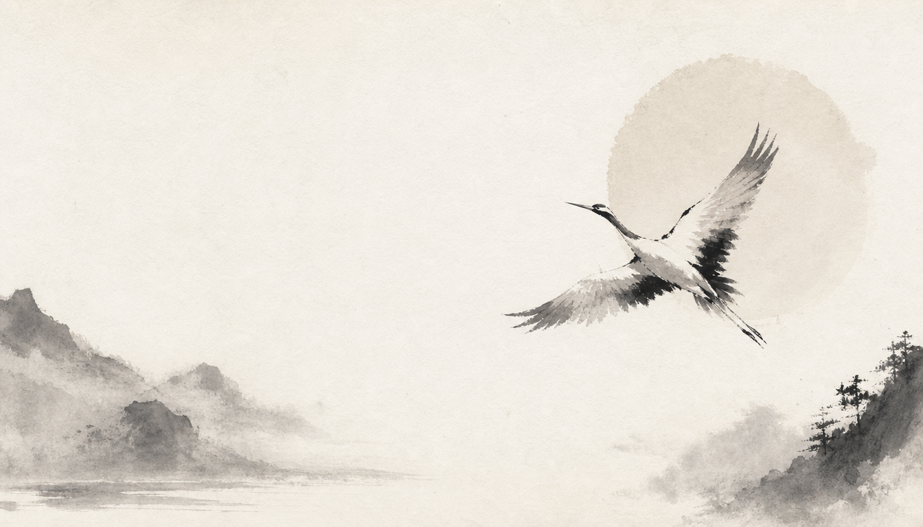 Crane rising past a pale sun, symbol of clarity in the brightness kanji