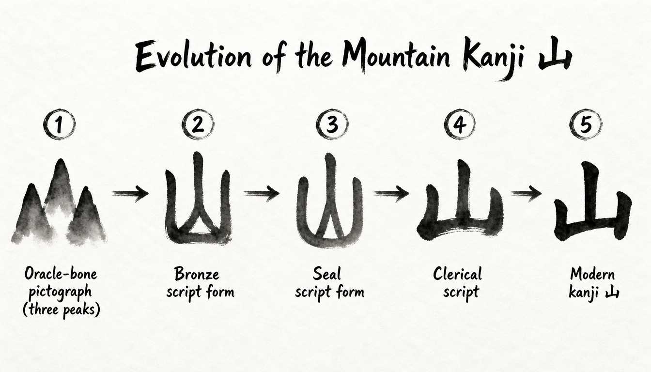 Process diagram of the mountain kanji yama evolution from oracle bone to modern japanese mountain symbol