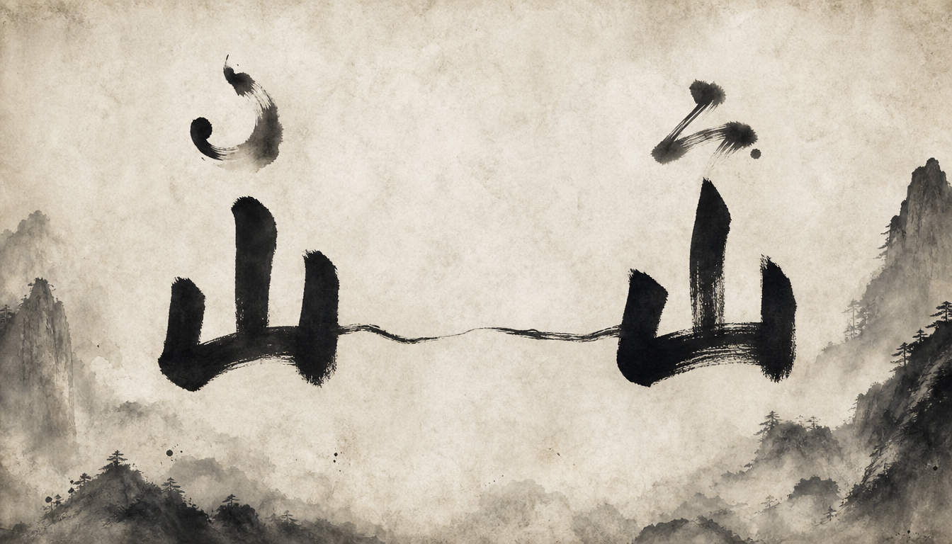 Two brushed kanji yama showing kunyomi and onyomi readings of the mountain kanji