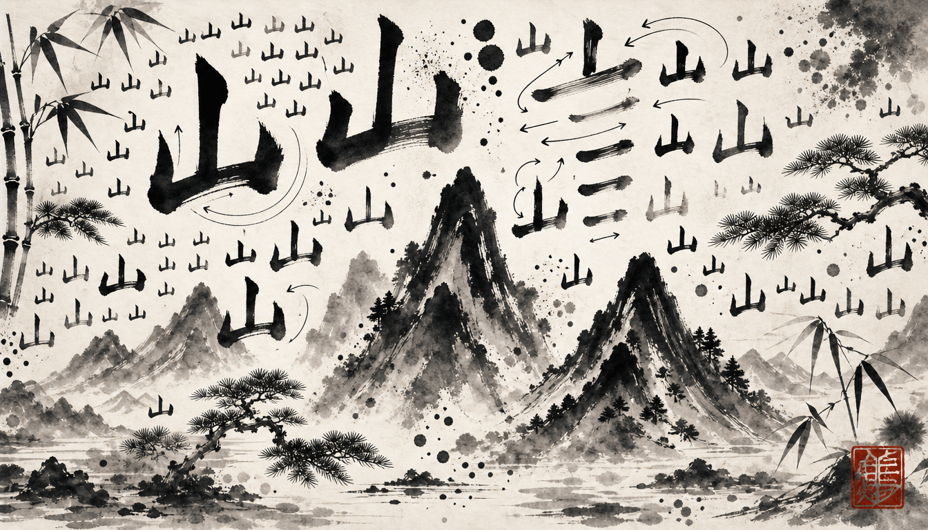 Dense calligraphy study of the mountain kanji yama with stroke patterns and japanese mountain symbol motifs