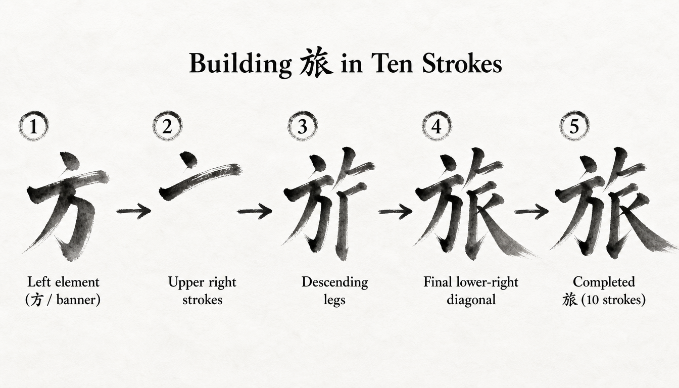 Process diagram of the ten-stroke writing order for the kanji tabi journey character 旅