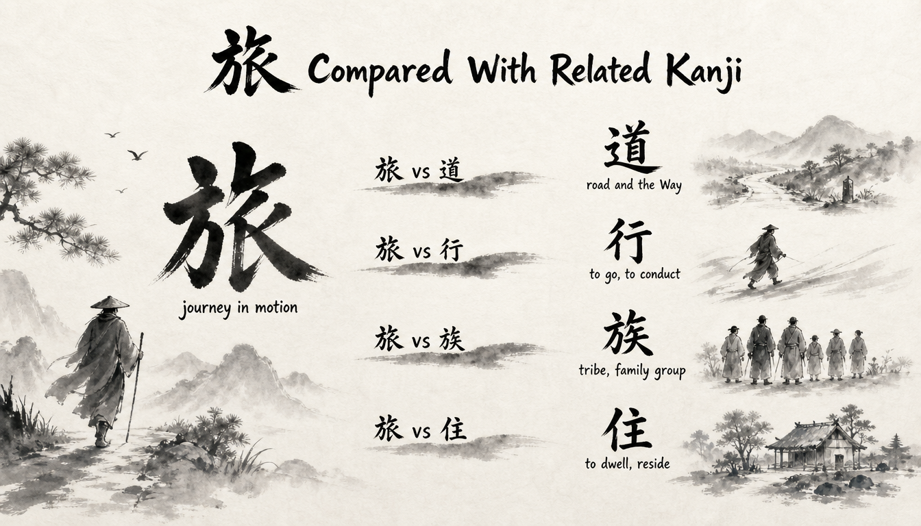Comparison chart of the kanji tabi journey character 旅 against 道, 行, 族 and 住