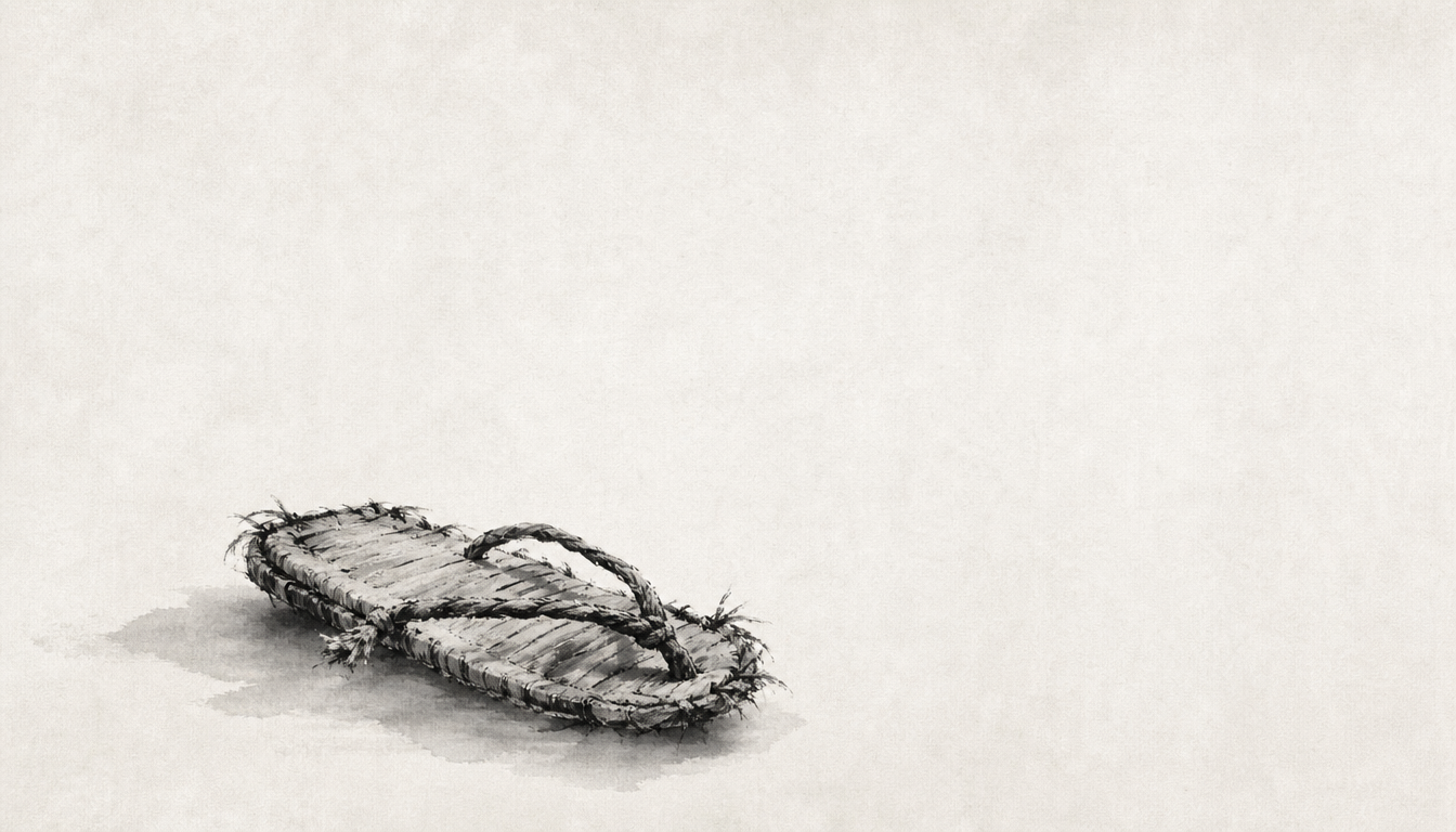 Minimal sumi-e straw sandal representing quick facts about the kanji tabi journey