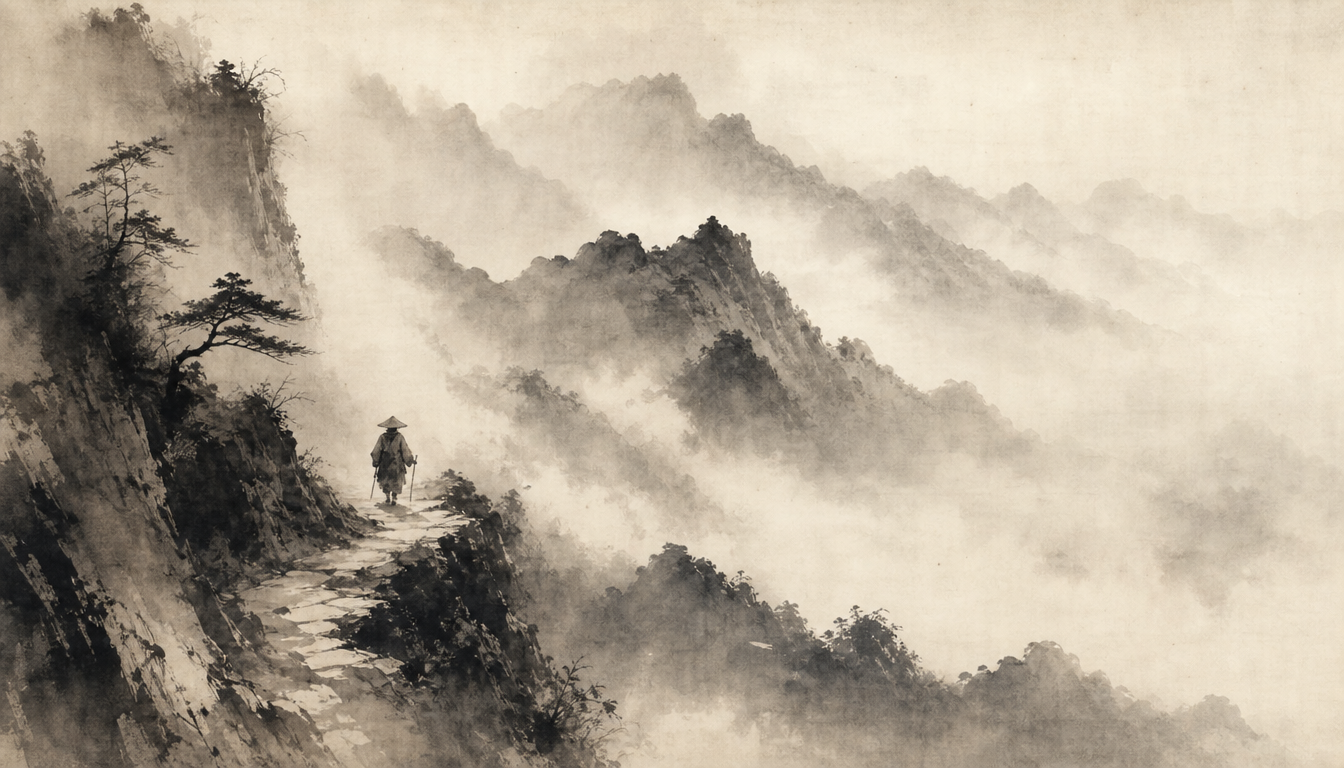 Sumi-e pilgrim crossing misty mountains showing the deeper meaning of kanji tabi journey