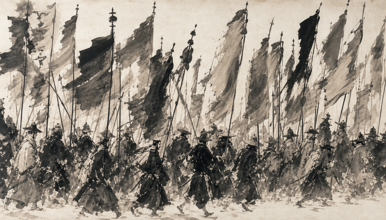 Dense sumi-e marching column with banners depicting the origin of the kanji tabi journey character