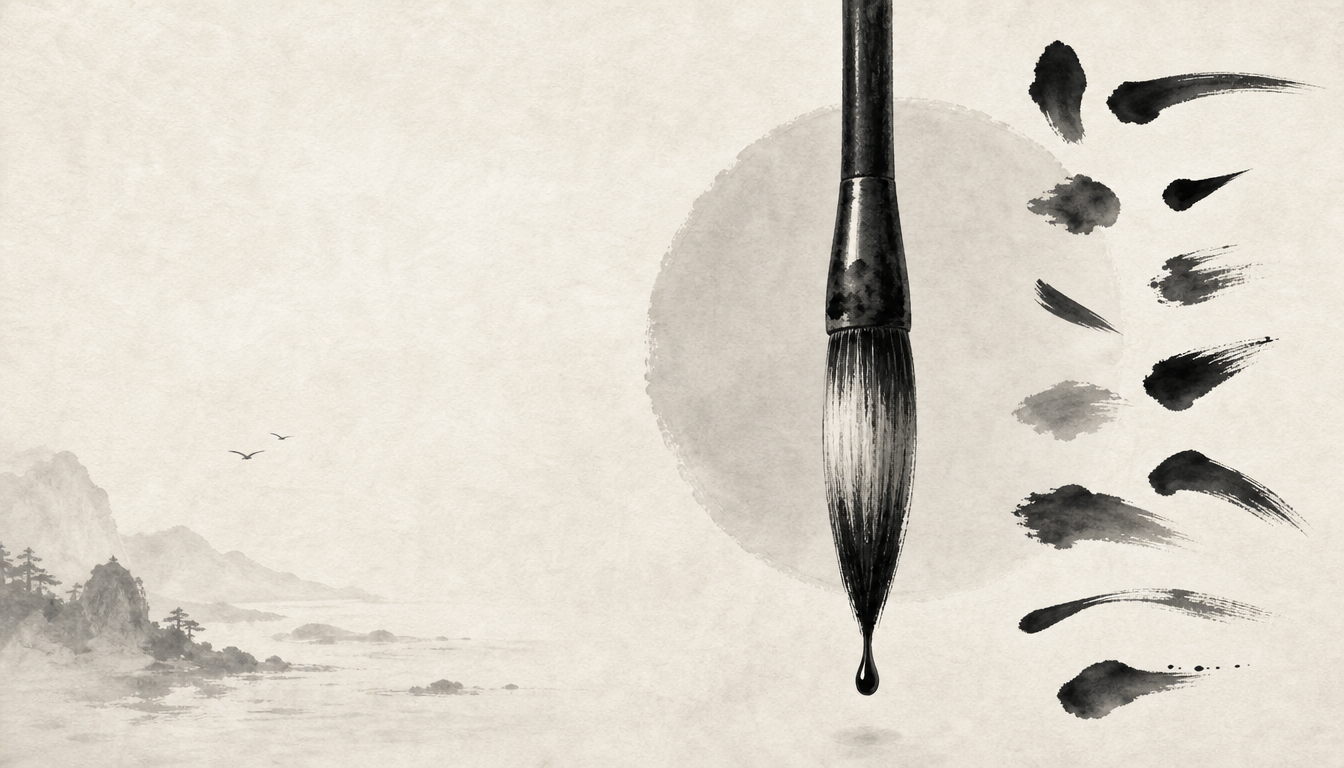 Calligraphy brush and ten ink strokes illustrating stroke order of the kanji tabi journey character