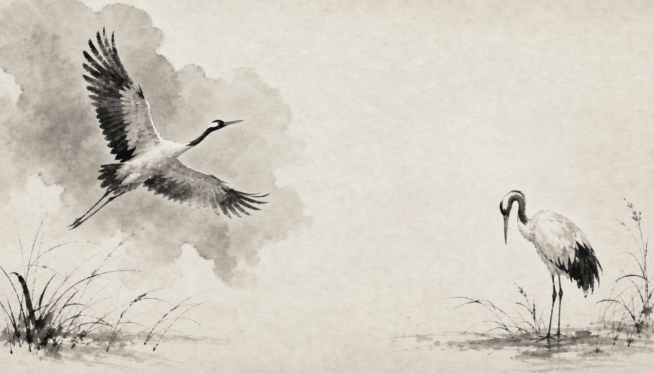 Two sumi-e cranes contrasting departure and staying in the kanji tabi journey symbolism