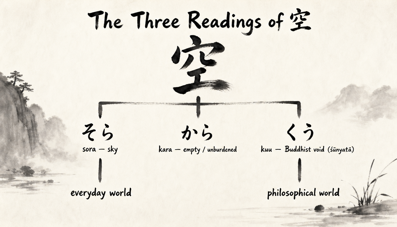 Hierarchy diagram of the readings of the kanji ku emptiness character 空