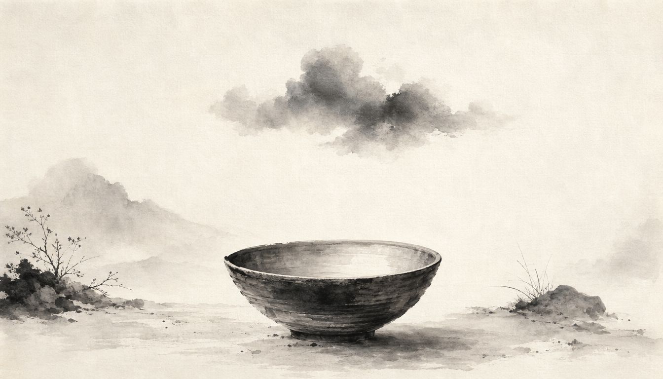 Empty bowl in sumi-e style representing kanji ku emptiness meaning