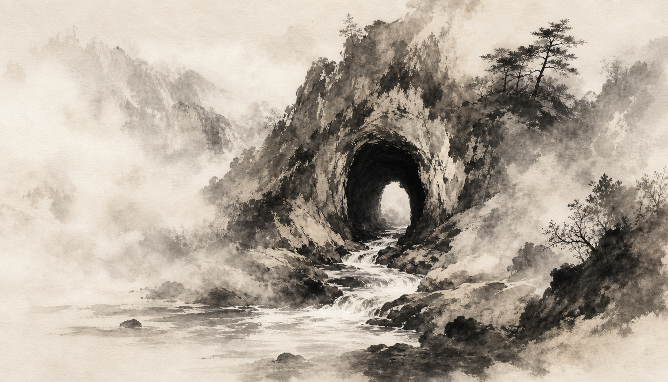 Mountain cave in sumi-e showing the hollow radical of the kanji ku emptiness