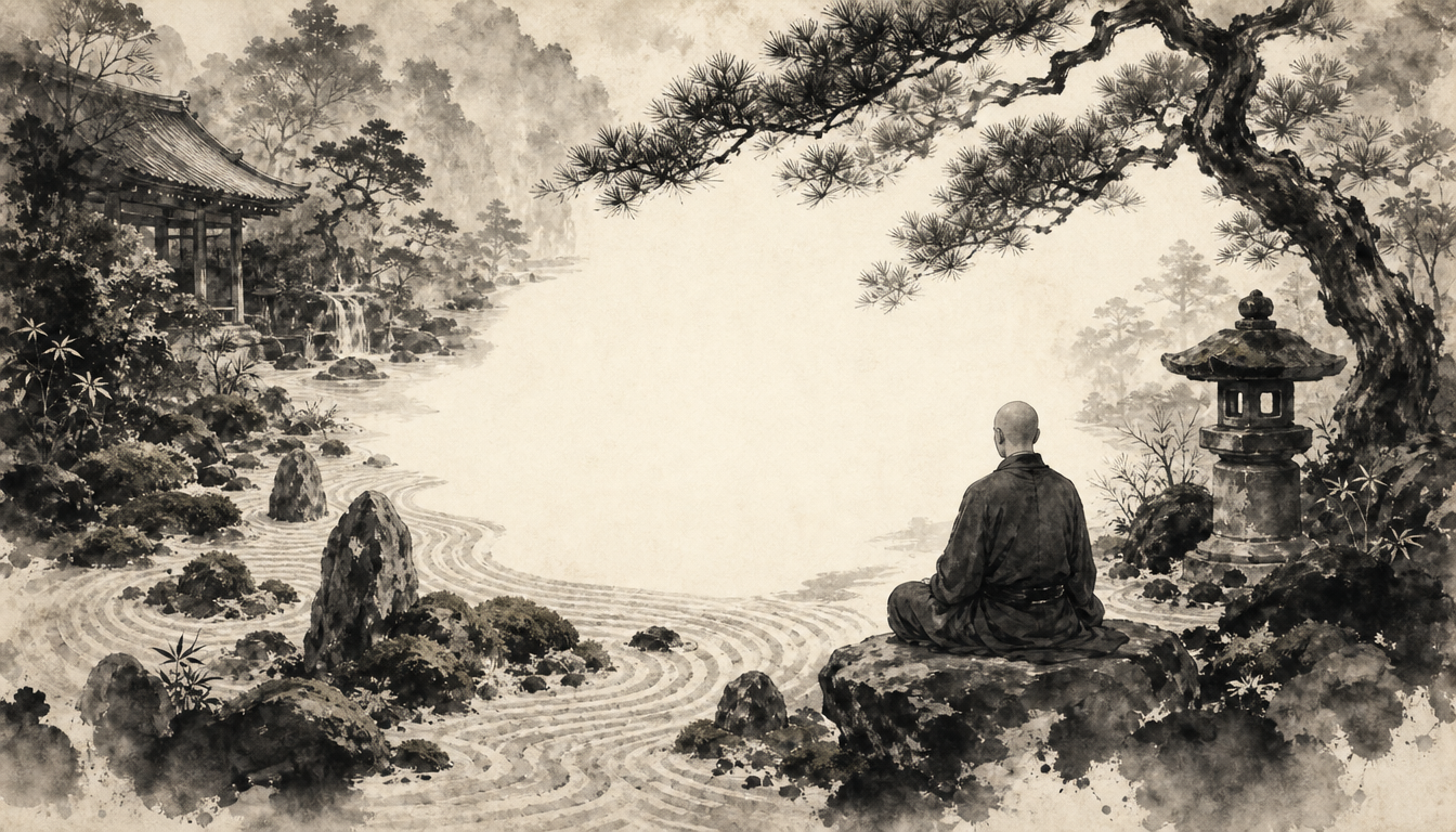 Detailed Zen garden in sumi-e illustrating kanji ku emptiness in practice